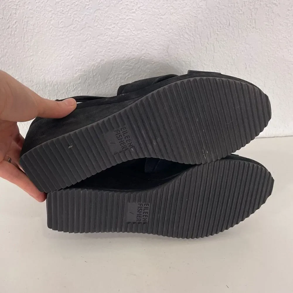 Eileen Fisher Black Cut Out Lace Up‎ Wedge Sandals